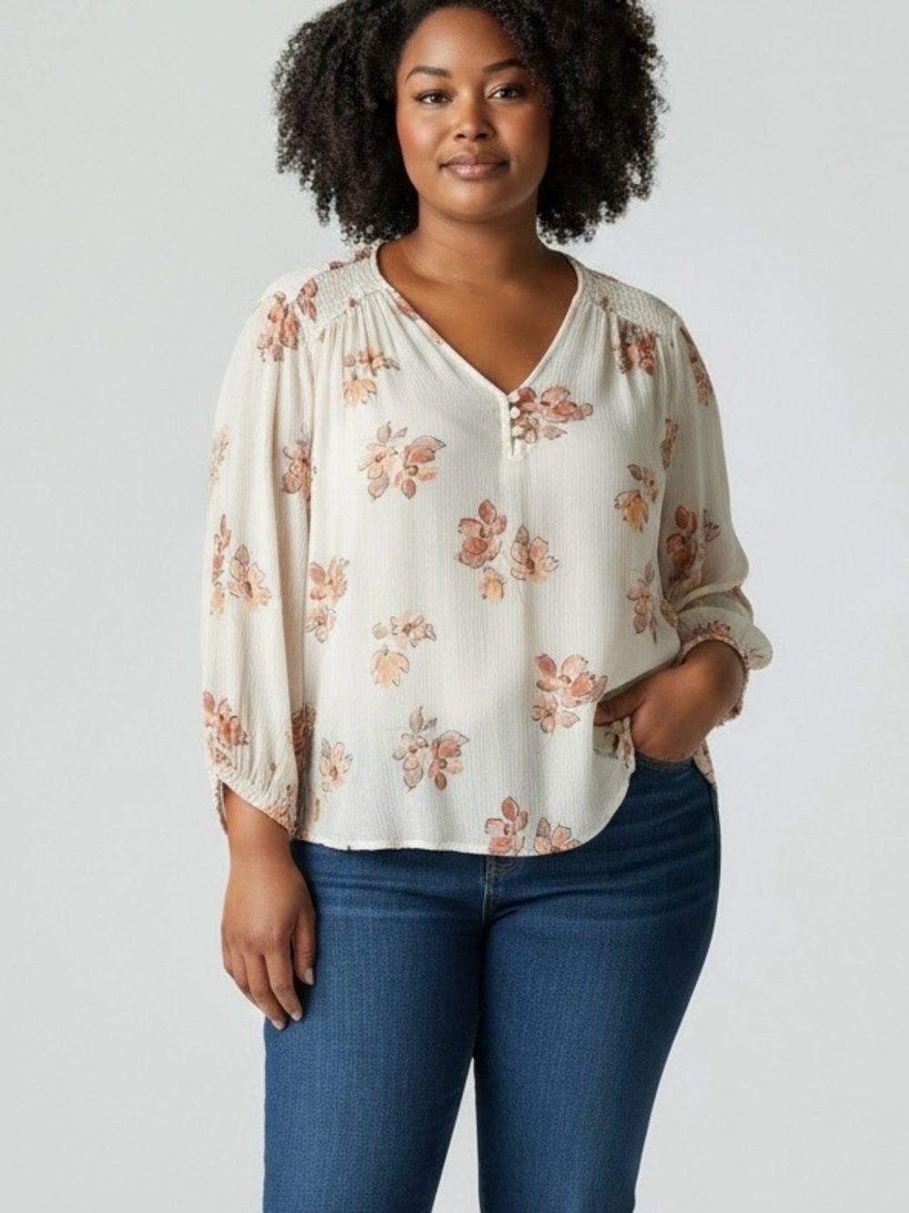 Liz Claiborne Cream Floral V-Neck Peasant Blouse